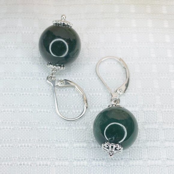 Sterling Silver Dark Green Jade Bead Drop Leverback Earrings - Picture 3 of 5